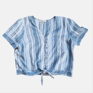 MICHAEL Michael Kors Blue and White Striped Top Women's XL V Neck Button Down